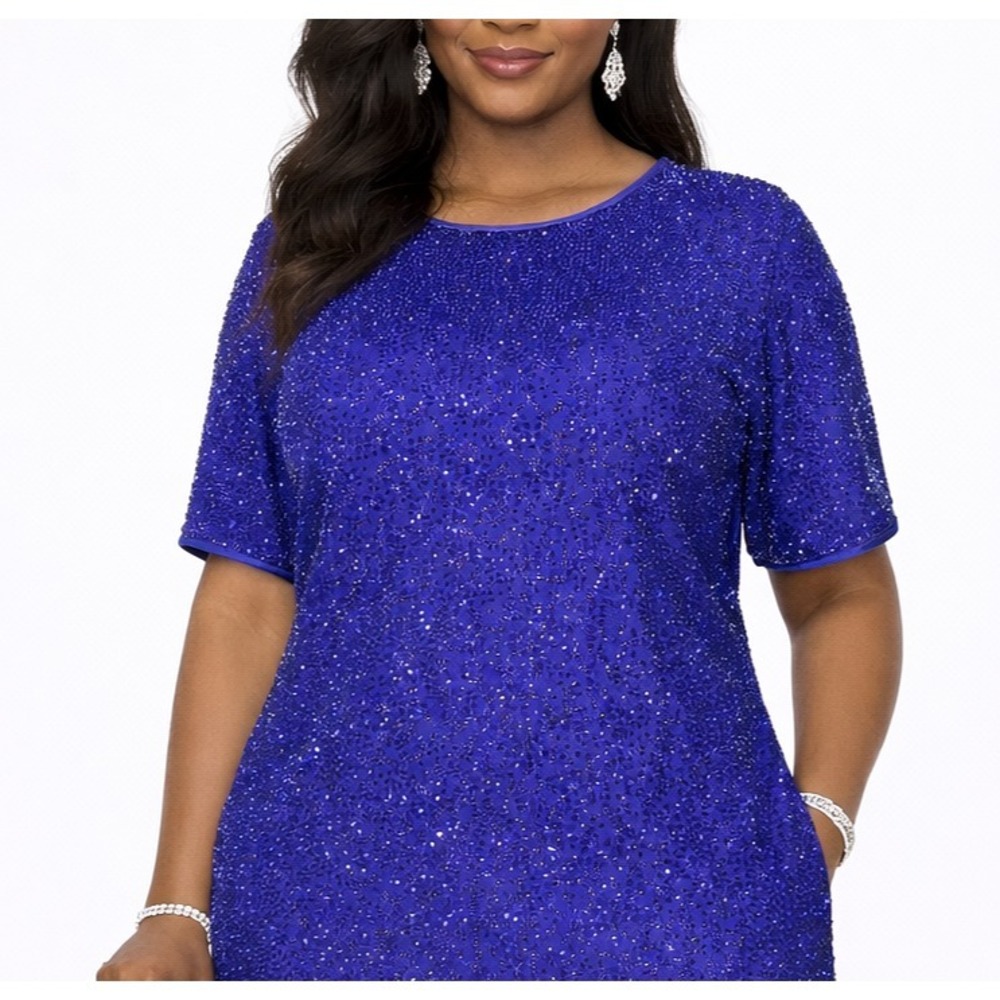 Vintage BLACK TIE Oleg Cassini Size Large Beaded Silk Blue Top Formal Blouse EUC
